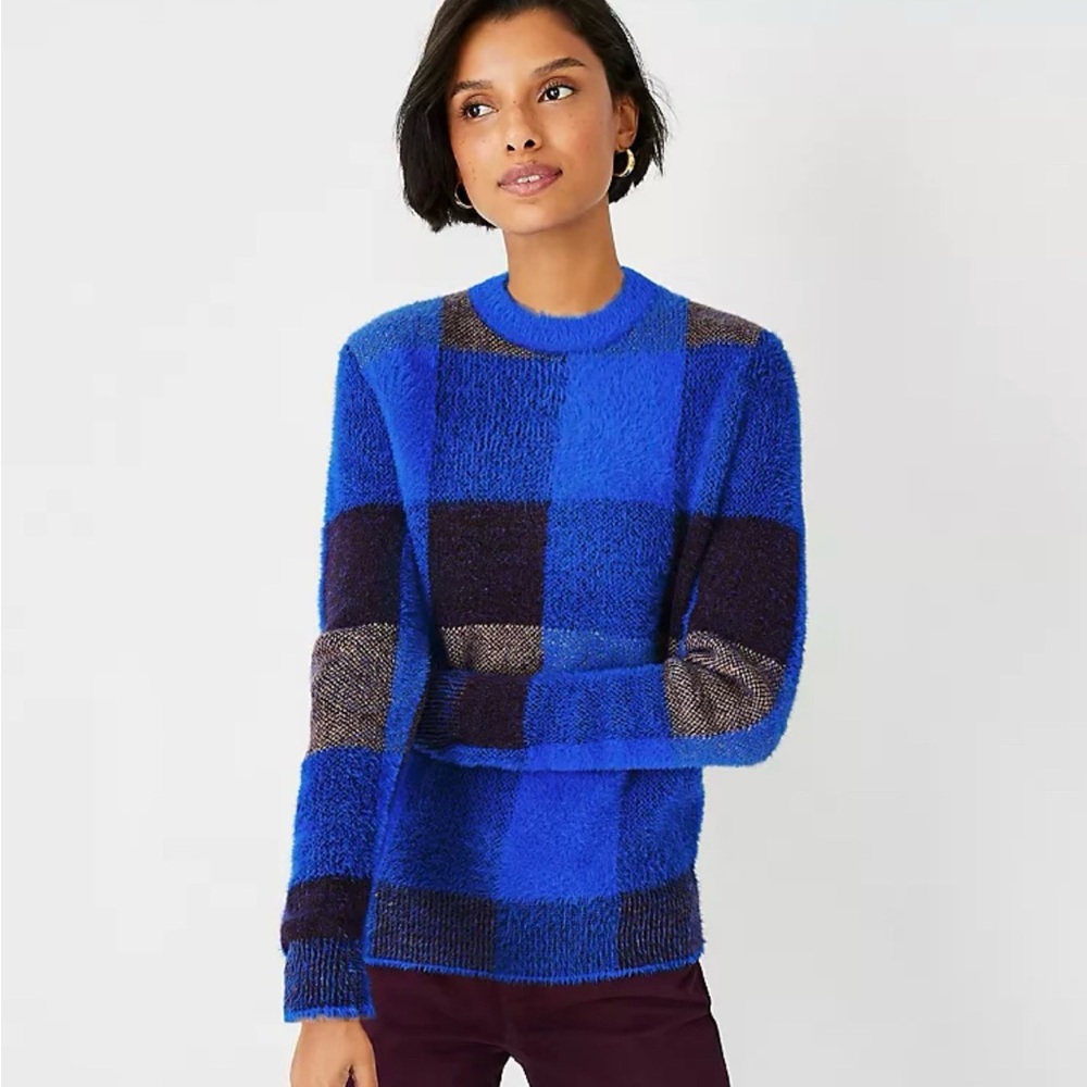Petite Checked Fuzzy Crew Neck Sweater